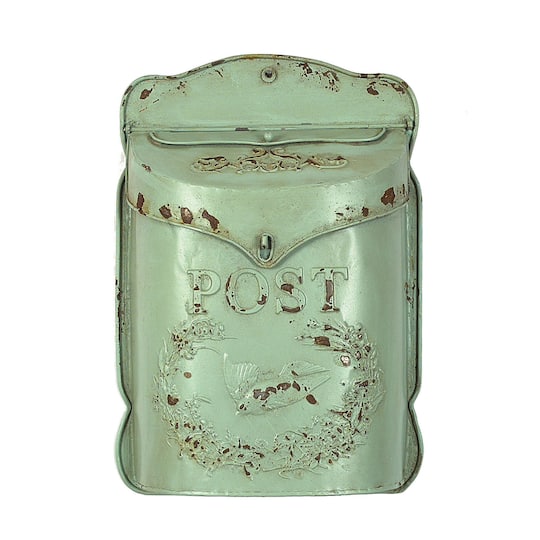 Hello Honey® Aqua Embossed Tin Post Box with Distressed Finish Wall Décor